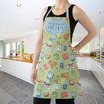 Delantal Un divertido colorido retro acuático Cocina Nombre<br><div class="desc">Patrón luminoso y colorido "Bon Appetite" hecho con acuarelas pintadas de artículos de cocina vintage y alimentos y falsos elementos purpurinas de oro,  texto de personalizable para un regalo personalizado.</div>