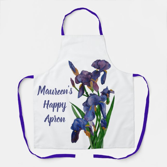 Delantal Un Iris Apron morado con nombre y mensaje (Anverso)