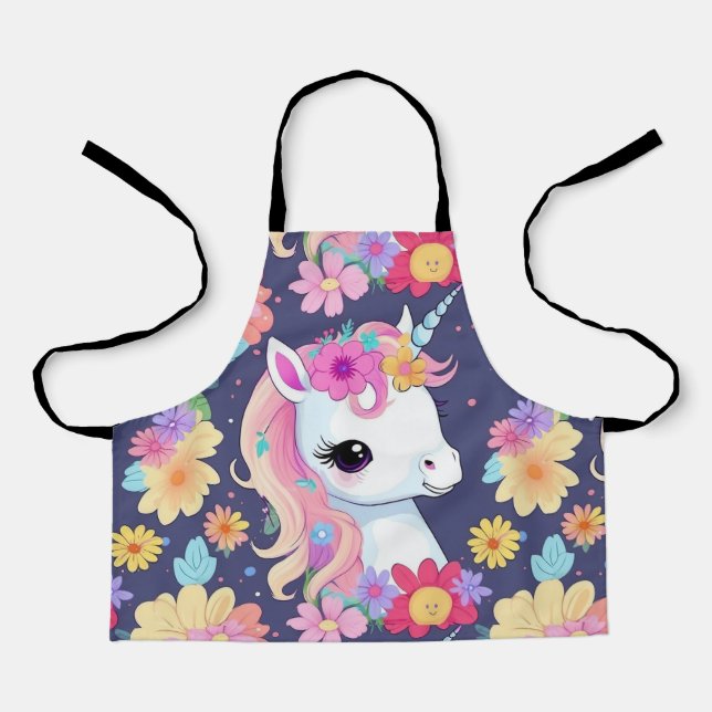 Delantal Unicornio blanco adorable con flores (Anverso)