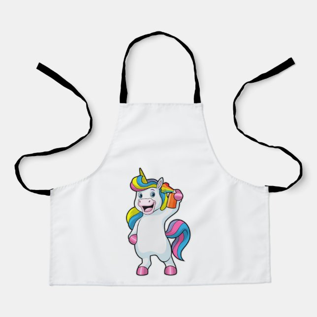 Delantal Unicornio como peluquero con aerosol de pelo (Anverso)