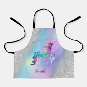 Delantal Unicornio, Estrellas, Brillo de Plata Bokeh Hologr