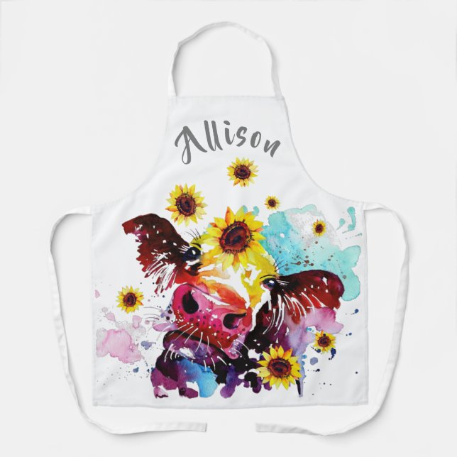 Delantal Vaca colorida con girasoles Apron personalizado (Anverso)