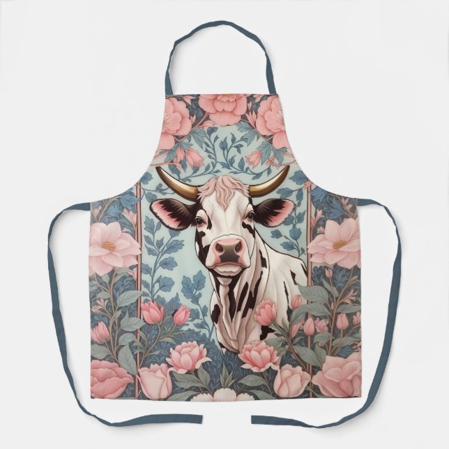 Delantal Vaca dulce con fondo floral rosado (Anverso)