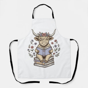Delantal Vaca Floral Leyendo Libros Diseño Vintage Apilado_