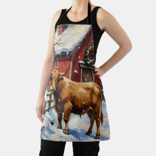 Delantal Vaca Highland Vintage en el granero de Navidad nev