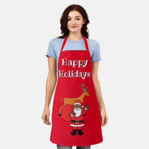 Delantal Vacaciones felices rojas Papá Noel afroamericano