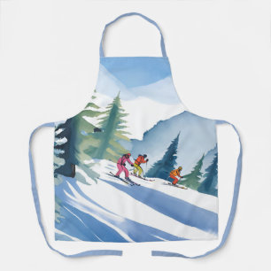 Delantal Vamos a Esquiar   Pintura Acuarela de Invierno