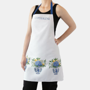 Delantal Vase Chinoiserie azul y blanco con hidrangeas
