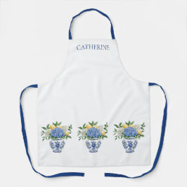Delantal Vase Chinoiserie azul y blanco con hidrangeas
