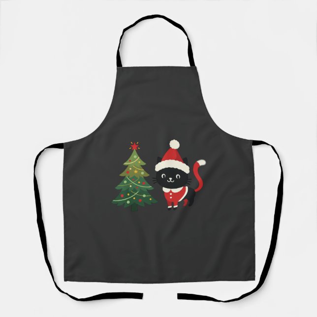 Delantal Vector gato de Navidad Santa árbol (Anverso)