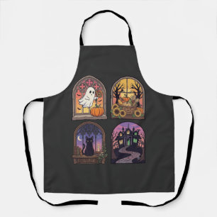 Delantal Ventana Gótica de Halloween Fantasma Calabaza Gato