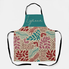 Delantal Verde azulado patrón floral azul retro Navidades a