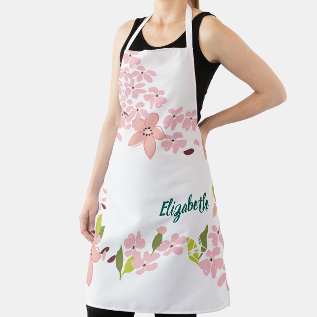 Delantal Verde con flores rosas personalizadas (in situ)