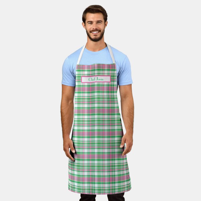 Delantal Verde Esmeralda Rosa Caliente Blanco Madras Preppy (Gastado)