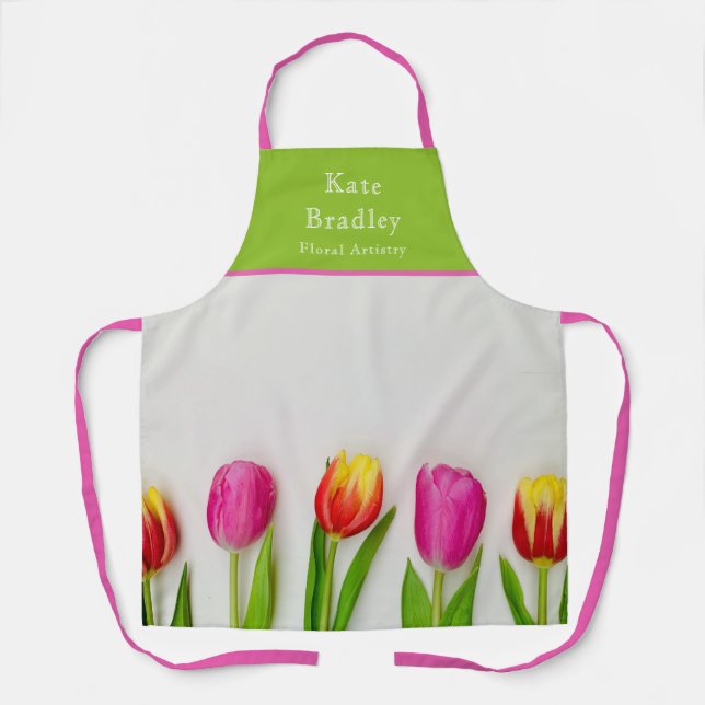 Delantal Vibrante florista de tulipanes rosados y verdes (Anverso)