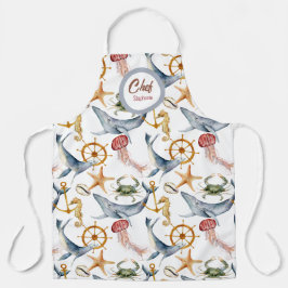 Delantal Vida marina de verano, ballenas, Apron editable