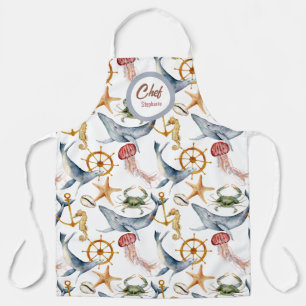 Delantal Vida marina de verano, ballenas, Apron editable