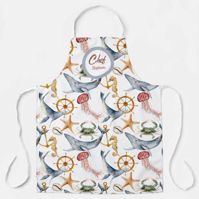 Delantal Vida marina de verano, ballenas, Apron editable (Anverso)