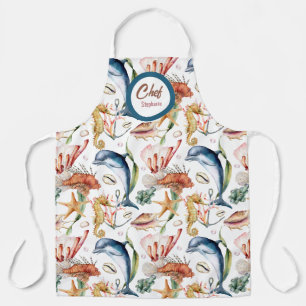 Delantal Vida marina de verano, delfines, Apron editable