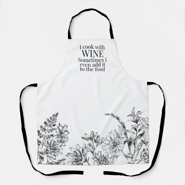 Delantal Vino floral blanco y negro divertido (Anverso)