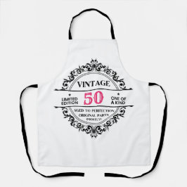 Delantal Vintage 50.º cumpleaños del monograma negro y rosa