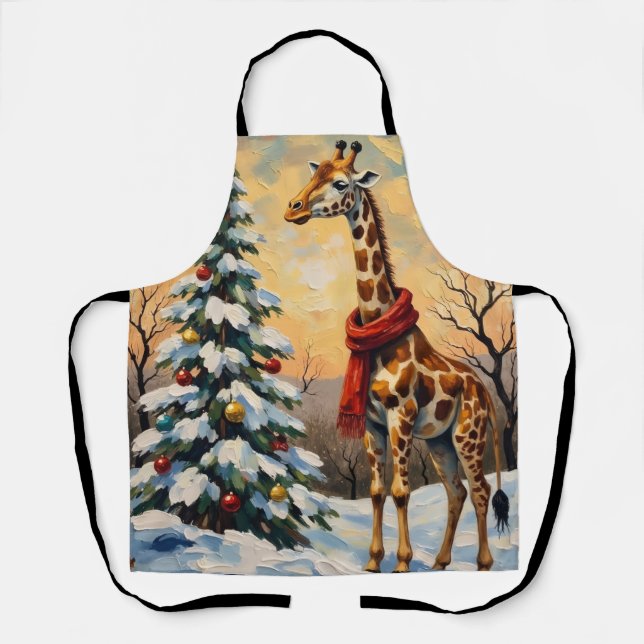 Delantal Vintage Christmas Giraffe in Snowy Savanna (Anverso)