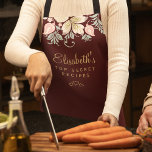 Delantal Vintage floral elegante cocina<br><div class="desc">El delantal de la moda rústica personalizada por el chef es un rincón de rústico con delicados tonos rosas, crema de chile y flores silvestres florales de color verde sabio que bordea un oscuro fondo rojo burdeos (cambiable). Puede ser un hermoso regalo para tu propia cocina o un regalo personalizado...</div>