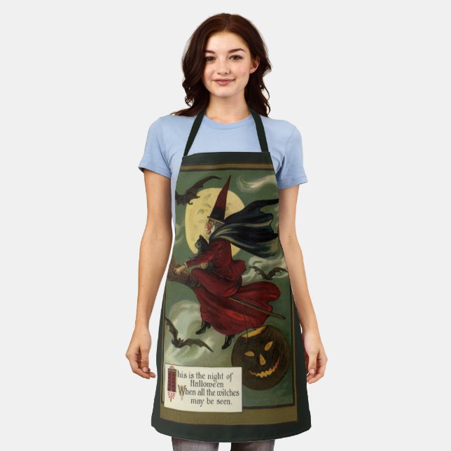 Delantal Vintage Halloween Witch Riding Broomstick con gato (Gastado)
