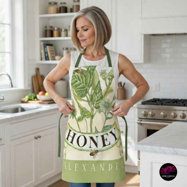 Delantal Vintage Honeybee Botanical Illustration (Vintage botanical elegance, designed for everyday moments in the kitchen.)