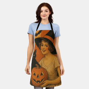 Delantal Vintage/retro Feliz bruja de Halloween, gato, cala