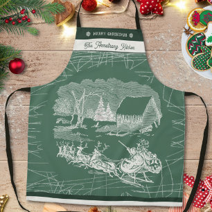 Delantal Vintage Santa Trineo Verde Bosque Navidad