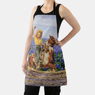 Delantal Vintage Western Cowgirl On Horse Waving (M) Apron