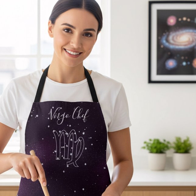 Delantal Virgo Zodiac Astrología Púrpura Galaxia Apron (It's Virgo Season! Keep your clothes nice & clean when you're in the kitchen with this purple apron)