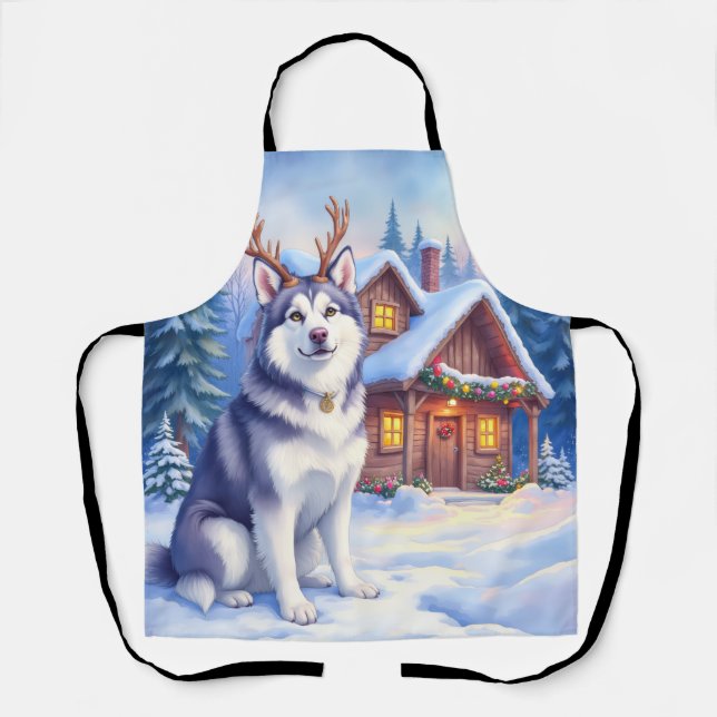 Delantal Watercolor Alaskan Malamute Reindeer Christmas (Anverso)