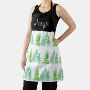 Delantal Watercolor Árbol de Navidad Pine Doodle Art Apron