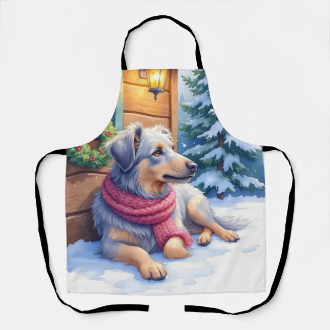 Delantal Watercolor Bergamasco Shepherd Cabin Christmas (Anverso)