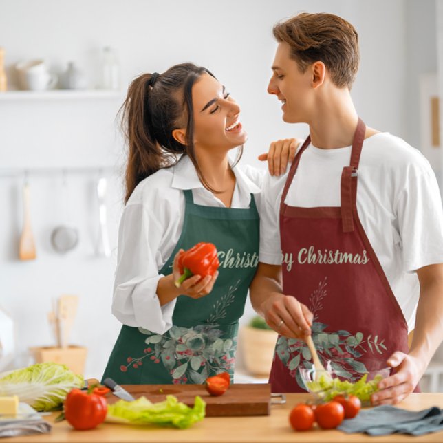 Delantal Watercolor Berries Greenery Feliz Navidad (Subido por el creador)