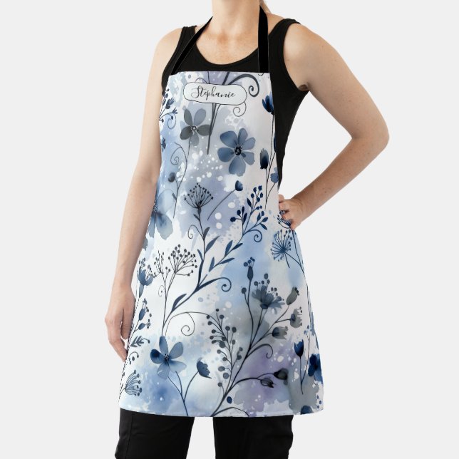 Delantal Watercolor Blue Gray Floral Pattern Personalized (in situ)