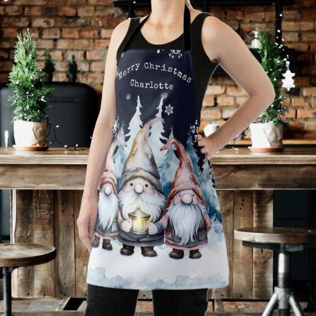 Delantal Watercolor Christmas Gnomes Personalized (Watercolor Christmas Gnomes Personalized Apron)