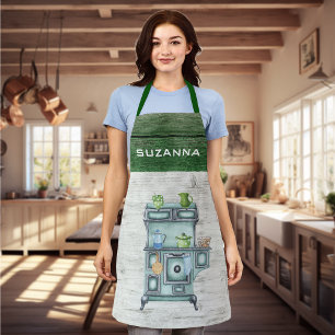 Delantal Watercolor Country Kitchen Green Nombre personaliz