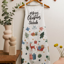 Delantal Watercolor Merry Christmas Pattern | Cooking Apron