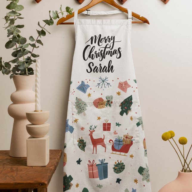 Delantal Watercolor Merry Christmas Pattern | Cooking Apron (Subido por el creador)