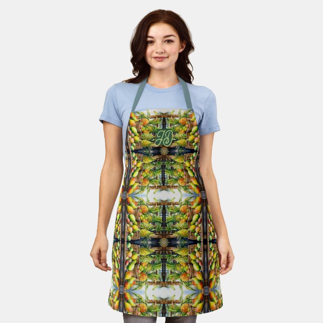 Delantal Watercolor Tropical Fruit Stand Monogram Apron 🌺 (Gastado)