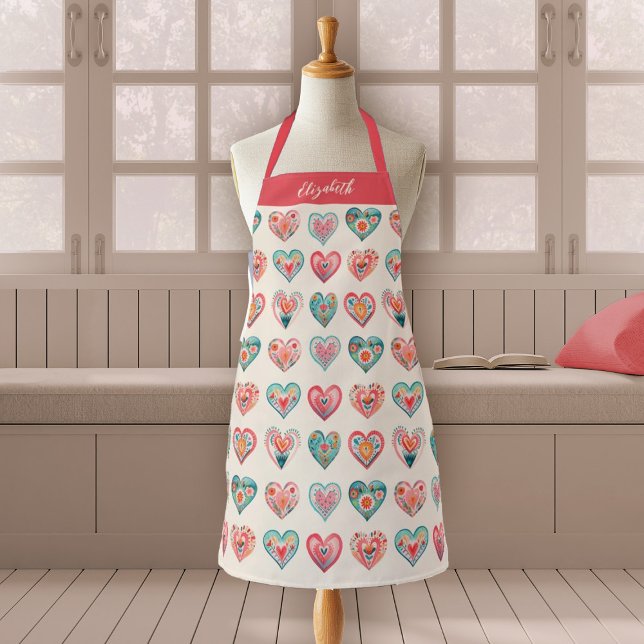 Delantal Watercolor Valentine Hearts Pattern Cooking (A cute watercolor hearts pattern valentines day apron. Personalize it with your name.)