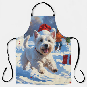 Delantal Westie corriendo en la nieve con sombrero de Navid