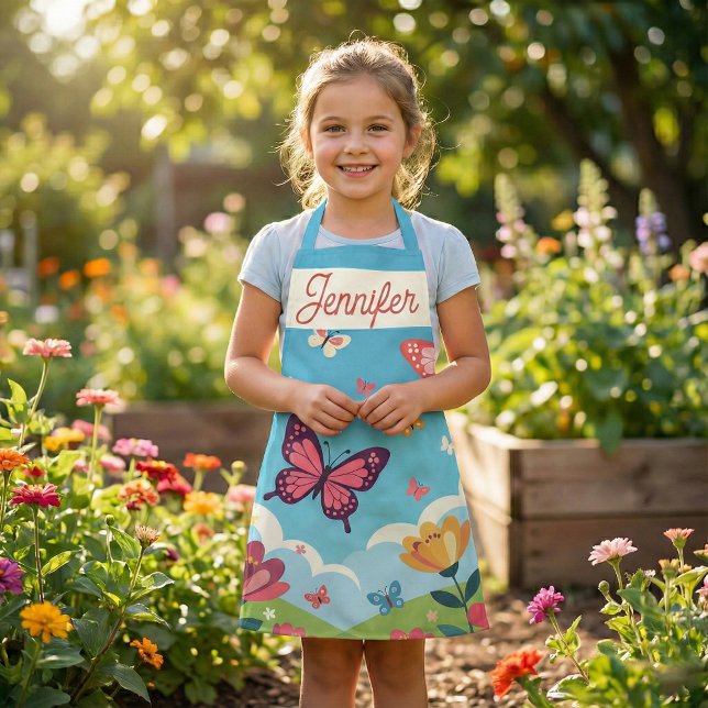 Delantal Whimsical Blue Sky Butterflies and Floral Garden (Subido por el creador)