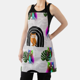 Delantal Whimsical Boho Owl & Tropical Monstera Leaf