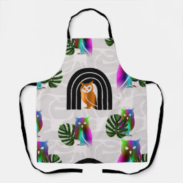 Delantal Whimsical Boho Owl & Tropical Monstera Leaf