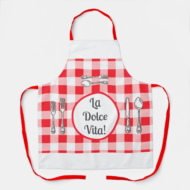 Delantal Whimsical Cutlery Dolce Vita Red Check Unisex (Anverso)