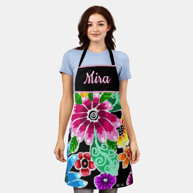 Delantal Whimsical Folk-Art Flowers Floral Personalized (Gastado)